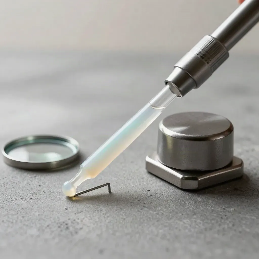 Pipette in vetro opalino, peso di precisione e rack satinato su cemento grigio.