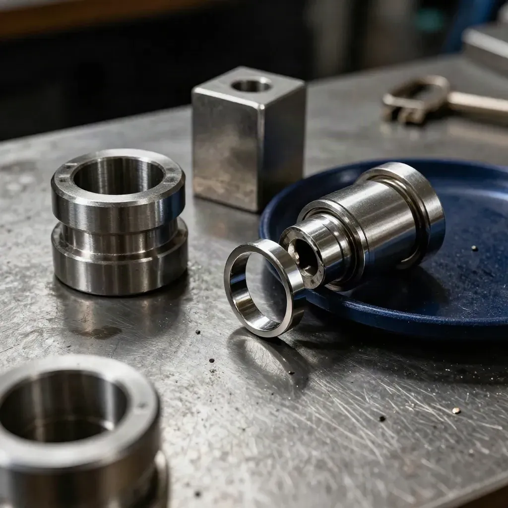 Componenti metallici di precisione su banco d’officina, con anello scivolato tra due giunti.