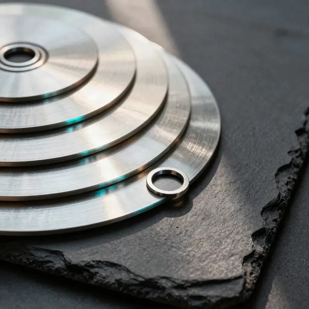 Frecce metalliche e dischi di calibrazione su ardesia scura, luce laterale morbida.