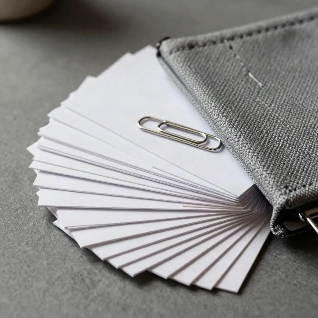 Carte bianche fanned con graffette satinare e astuccio grigio su superficie ardesia.