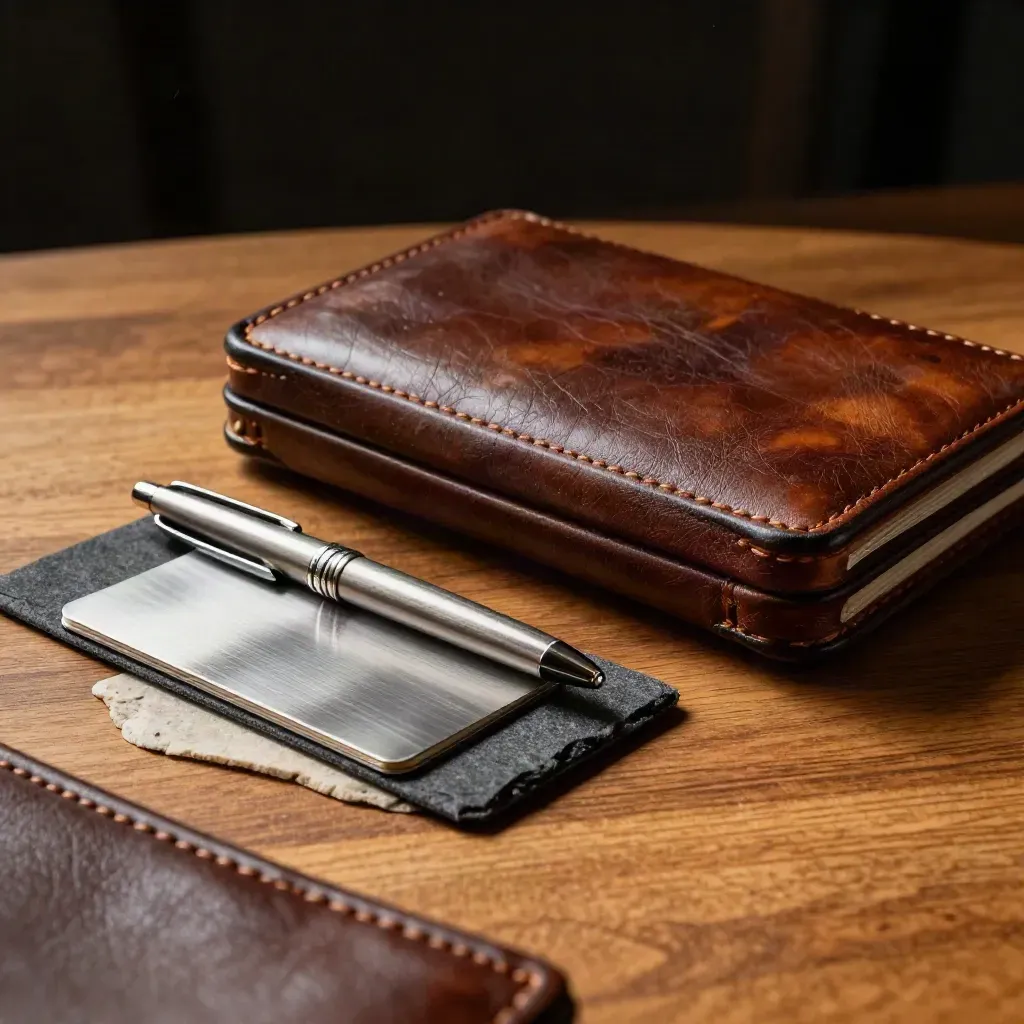 Custodia in pelle, astuccio metallico e porta-carte satinato su legno chiaro, luce radente.