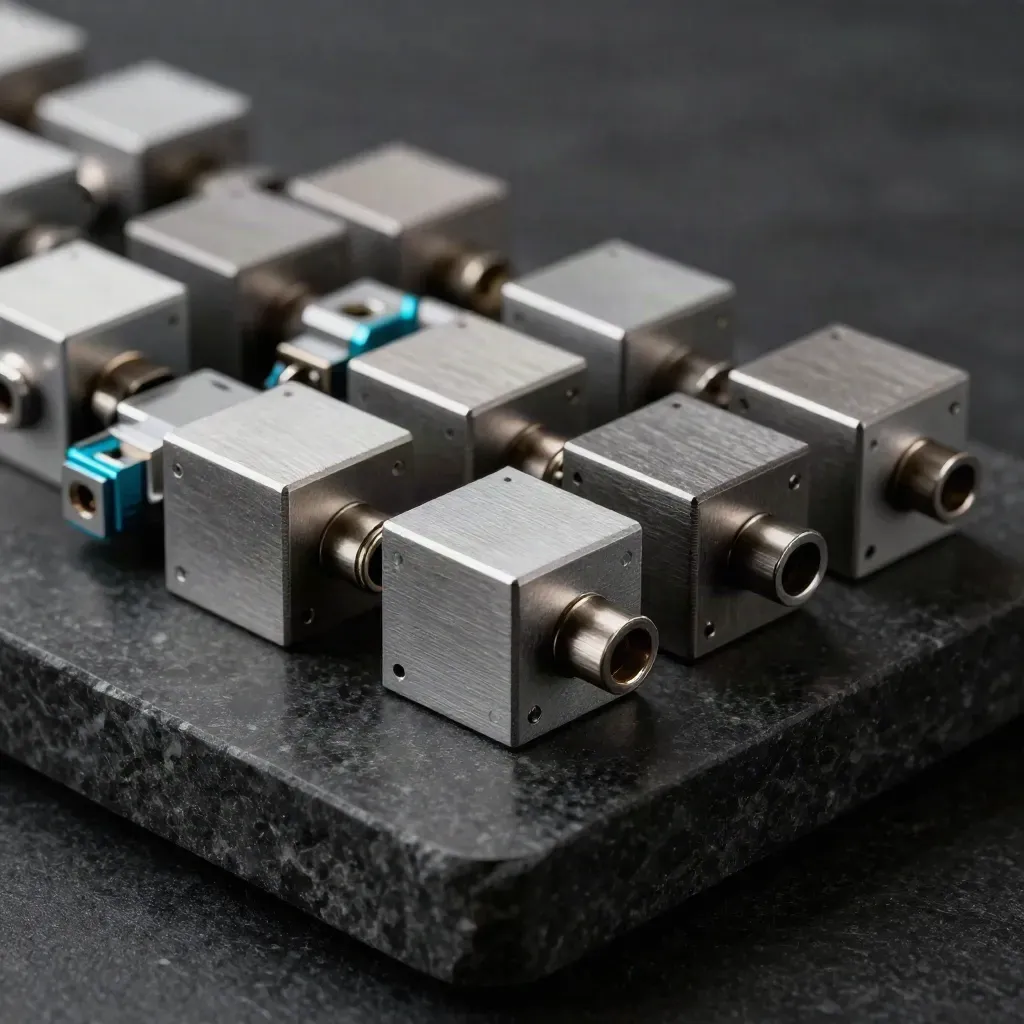 Cubi modulari in alluminio e connettori su basalto scuro, luce radente e accento ciano.