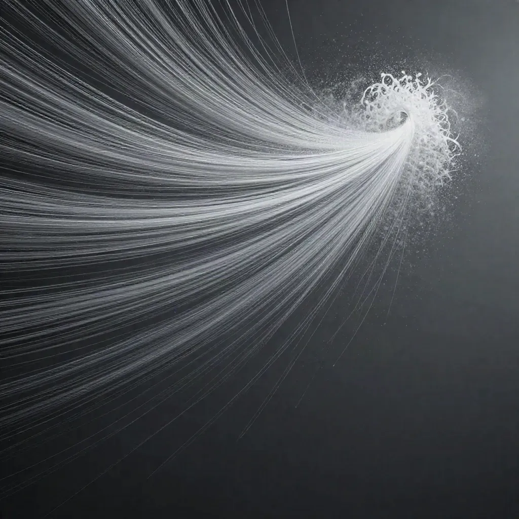 Filamenti di luce argento convergono in un bloom bianco su fondo grafite